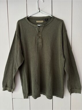 Vintage Naturalife Mens XL Waffle Knit Long Sleeve Henley Military Green